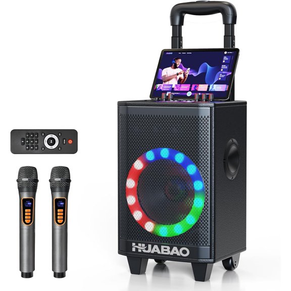 Portable Karaoke Machine with 2 Wireless Microphones, Bluetooth Speaker Lights and Trolley Wheels, 6600mAh Rechargeable PA System, FM/AUX/USB/TF, Remote, Bass/Treble/Echo Adjust, Ideal for Party