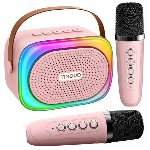 Mini Karaoke Machine,  Portable Speaker with 2 Wireless Microphones, Gifts for Kids Adults, Pink