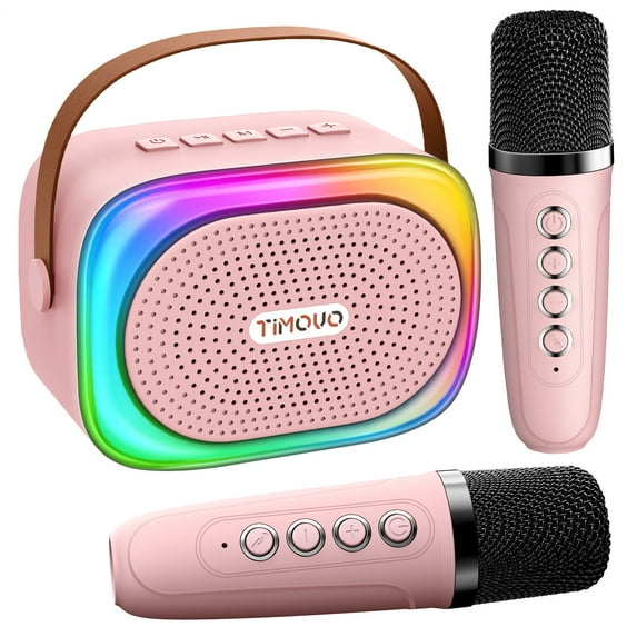 Mini Karaoke Machine, Portable Speaker with 2 Wireless Microphones, Gifts for Kids Adults, Pink