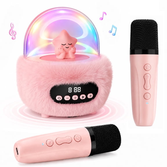 Mini Karaoke Machine for Kids with 2 Wireless Microphones, Portable 5.4 Bluetooth Speaker Karaoke Toys for 8 to 12 Year Olds Girls Boys, Small Karaoke Alarm Clock, Plush Kids Toy Party Birthday Gift