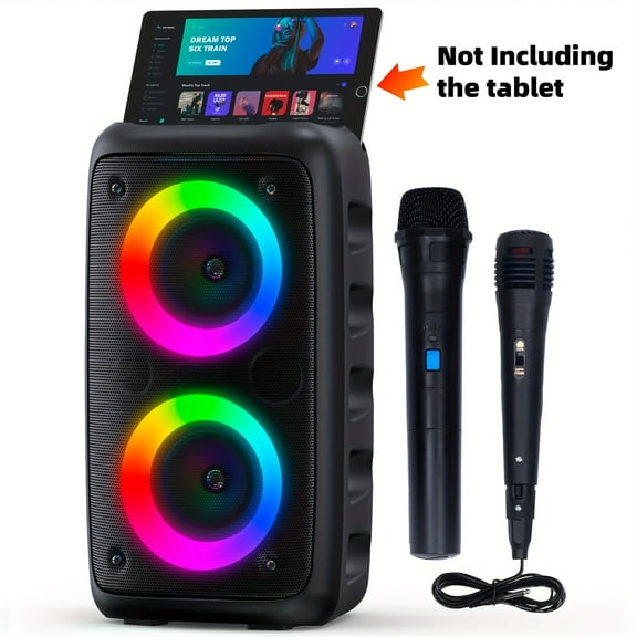 Portable Karaoke Machine with 2 Mics（1 Wireless）, PA Speaker, LED Lights, TF/USB/AUX Input, TWS for Home & Party Use