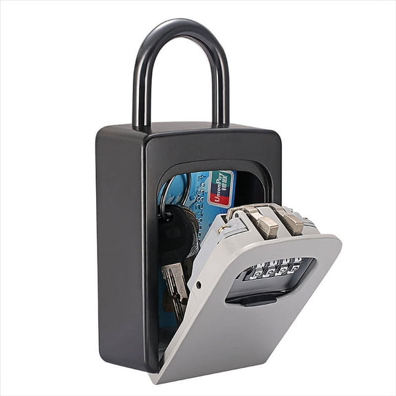 Portable Key Lock Box 4 Digit Combination Lock Box for Spare Keys, Large Capacity Metal Key Safe with Customizable Code, Shackle for Door Handle or Railing Indoor/Outdoor