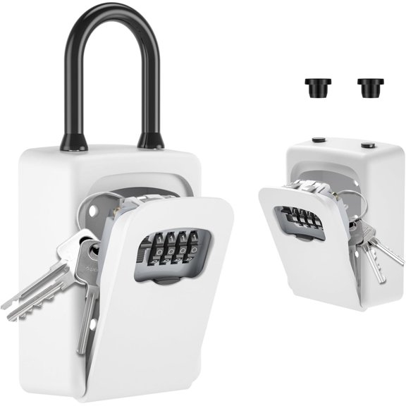 Portable Key Lock Box, Upgrade Clearly Visible Numbers, Lock Box Wall Mounted for House Key, 5 Key Capacity, Weatherproof Resettable Code (White, 1)