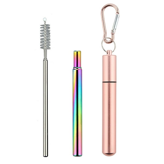 Portable Keychain Reusable Straw Telescopic Straw Aluminum Tube Set Retractable Stainless Steel Straw with Keychain Brush Case Portable for Travel