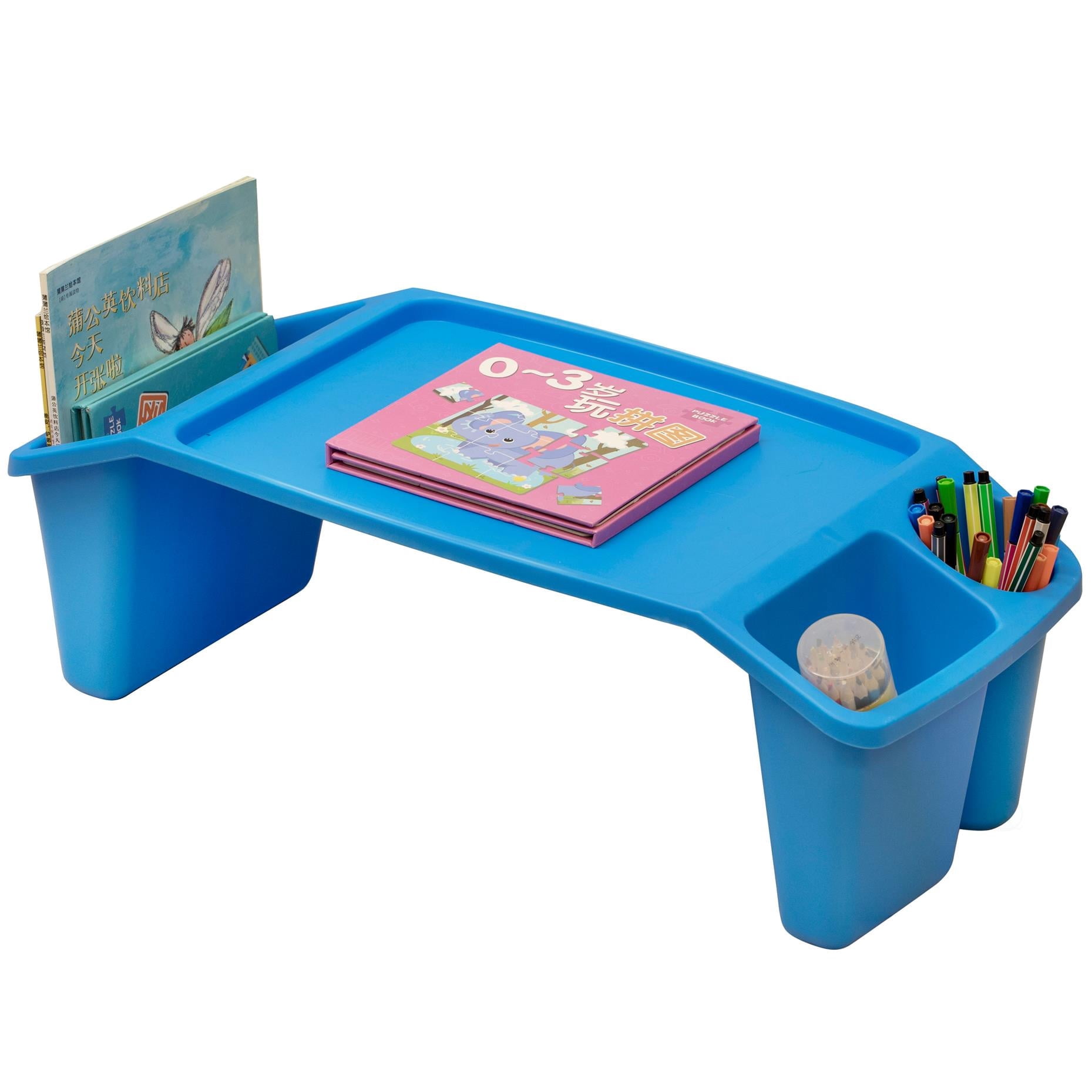 Basicwise Blue Activity Desk Table with Built-In Cup Holder and Storage Compartments, Multipurpose Lap Tray for Home Learning, Art Activities, Reading, Snack Time, Floor-Based Tasks, and Everyday Des