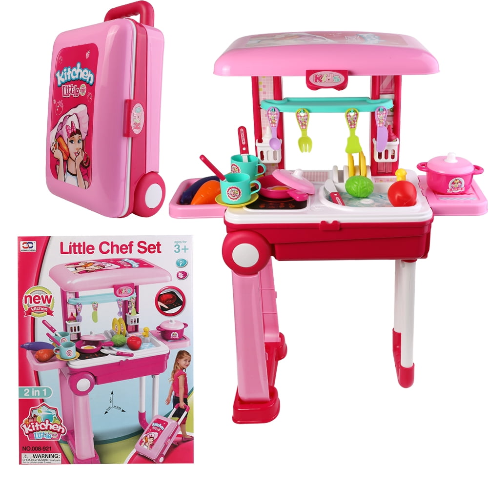 Portable Kids Pretend Kitchen Set with Play Food, Pots, Pans & Utensils – Fold-Up Carry Case Kitchen Play Toy