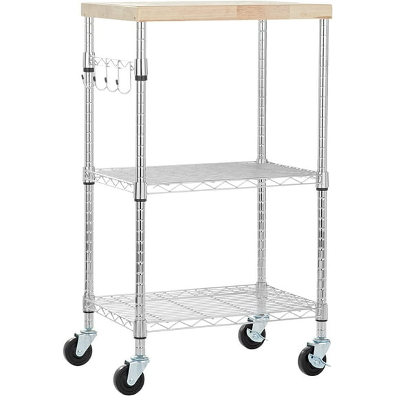 Portable Kitchen 3-Tier Storage Rack on Caster Wheels with Adjustable 2 Shelves, 175 Pound Capacity, 21 x 15 x 36.7 inches (LxWxH), Wood/Chrome