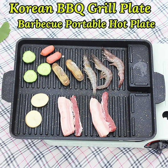 Portable Korean BBQ Grill Pan Non-Stick Grill Plate Gas Stove Cooker Party Picnic Terrace Beach Barbecue Tray