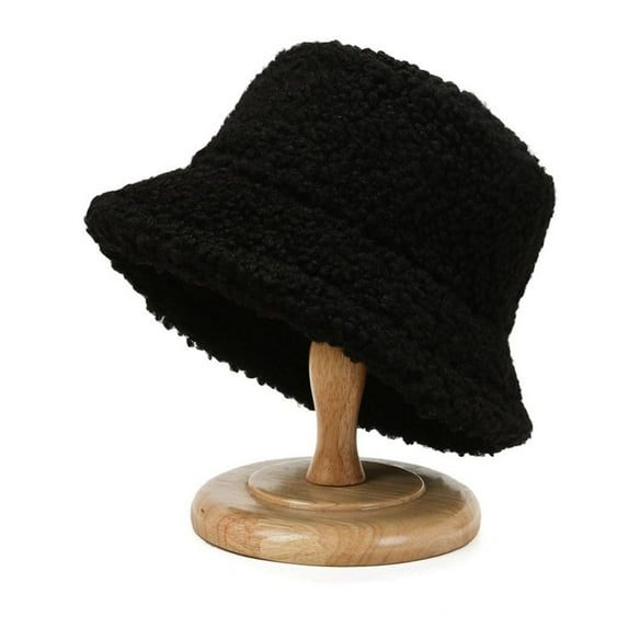 Portable Korean Sun Protection Lamb Plush Simple Autumn and Winter For Women Lambwool Bucket Hat Korean Style Caps Female Hats Pure Color Caps BLACK