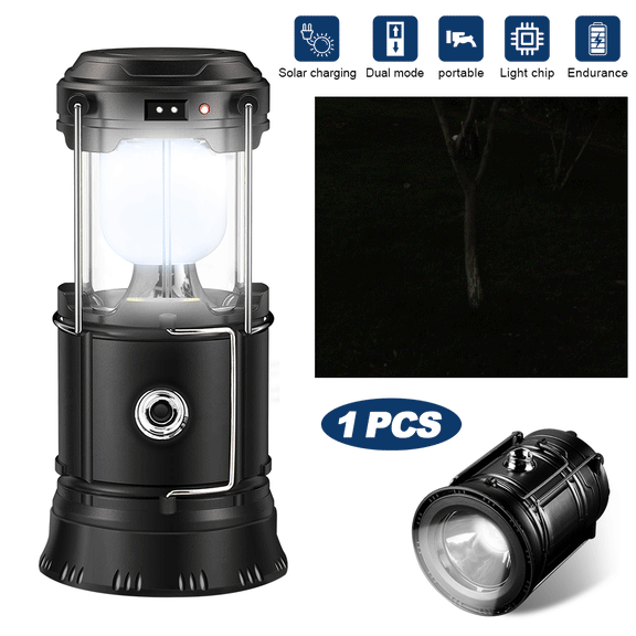 Portable LED Camping Lantern Solar Rechargeable or Power Supply, Built-in Power Bank Compati Android Charge, Waterproof Collapsible Emergency LED Light with Hook,2 Lighting Methods,1Pcs