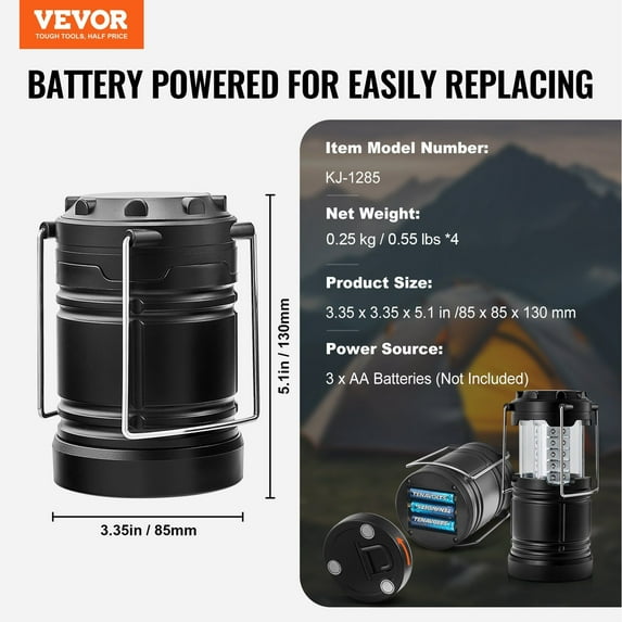 Portable LED Camping Lanterns (Set of 4), Collapsible Design, 3 Modes, Battery Operated for Outdoor Adventures