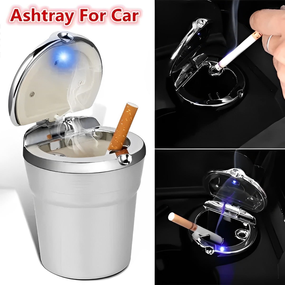 Portable LED Car Ashtray High Quality Universal Cigarette Cylinder Holder  Cup ,Silver
