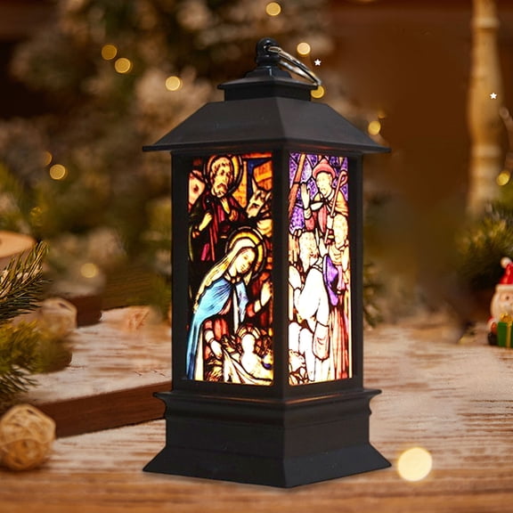 Portable LED Christmas Lantern with Jesus Element – Vintage Religious Night Light Decoration for Table, Tree, Indoor Christmas & Thanksgiving Parties