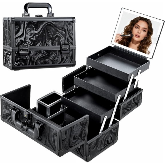 Portable LED Lighted Makeup Case with Detachable Brush Holder - 11.6" Cosmetic Organizer Train Box in Black