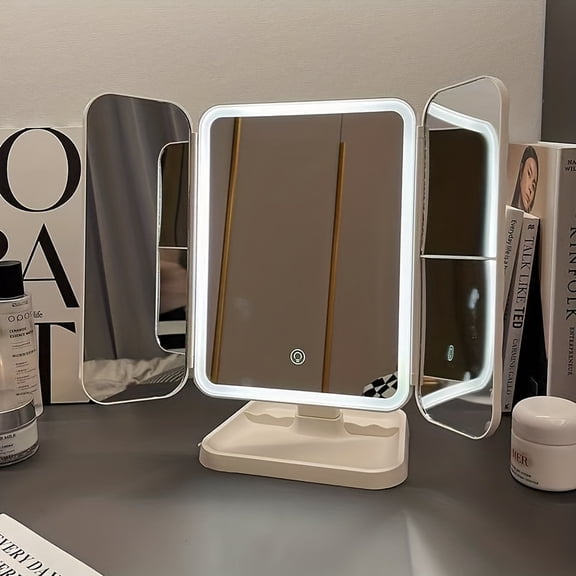 Portable LED Lighted Makeup Mirror with 2x/3x/5x Magnification - 3-Section Foldable Mirror (Smart), Rechargeable - for travel, for &, Plastic Mirror for /
