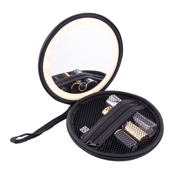 Portable LED Makeup Mirror for Women - Touch Dimming  PU Waterproof  Built-in Lipstick  & Hanging Strap