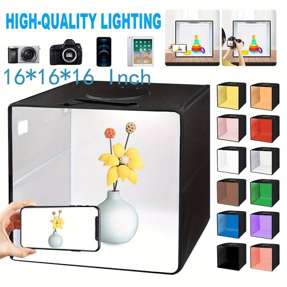 Portable LED Photo Studio Light Folding Photo Lighting Studio Shooting Tent Box with 12 Colors Backdrops, for Product Photography, Jewelry, Cosmetics - Size: 16*16*16 Inch(Black)