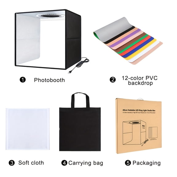 Portable LED Photo Studio Light Folding Photo Lighting Studio Shooting Tent Box with 12 Colors Backdrops, for Product Photography, Jewelry, Cosmetics - Size: 16*16*16 Inch(Black)
