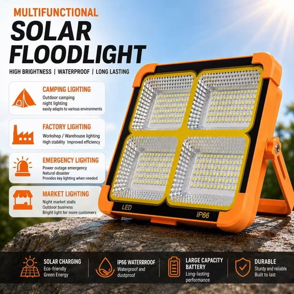 Portable LED Solar Work Light 100W 10000LM 4-Light Adjustable Bracket Work Light