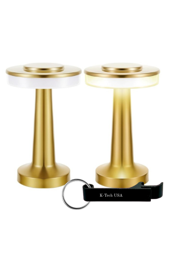 Portable LED Table Lamp with Touch Control, 3 Brightness Levels, Battery Powered Accent Desk Light, (Brushed Gold) with K-Tech USA Keychain