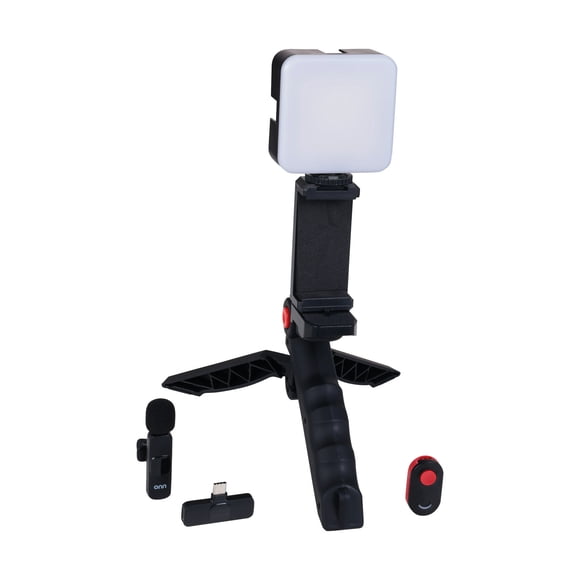 onn Portable LED Video Light Kit with Tripod Grip, Smartphone Holder & Bluetooth Remote for Vlogging, Streaming, and Photography