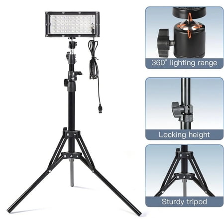 Portable LED Work Light with Adjustable Tripod Stand, 15000 Lumen Flood Light, 50 LEDs, 20"-65" Height, USB Powered, for Camping, Fishing, Repair, Photography, Outdoor & Garage Use