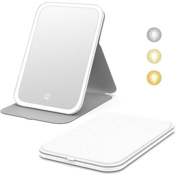 Portable LED illuminated makeup mirror, 360° rotating touchscreen makeup mirror, 60 LED lights, three-color dimmable, rechargeable desktop folding makeup mirror.