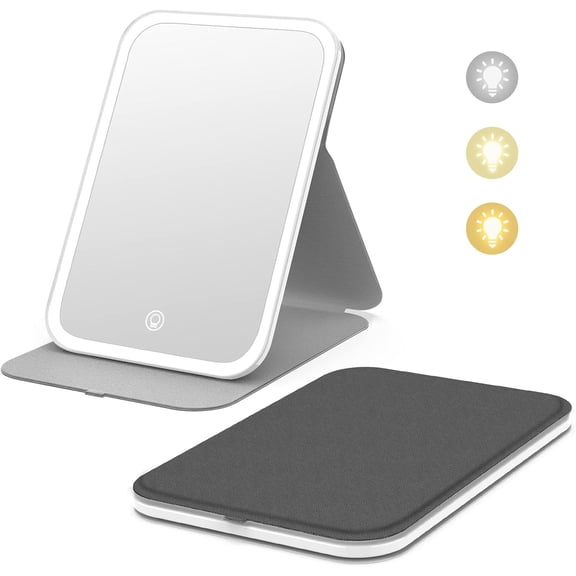 Portable LED illuminated makeup mirror, 360° rotating touchscreen makeup mirror, 60 LED lights, three-color dimmable, rechargeable desktop folding makeup mirror.