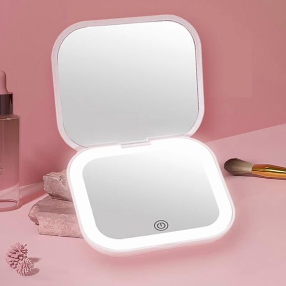 Portable LED makeup mirror, pocket-sized with light, 1x/2x magnification, double-sided mirror, adjustable brightness, suitable for travel, home, and office use. Makeup mirror frame products.