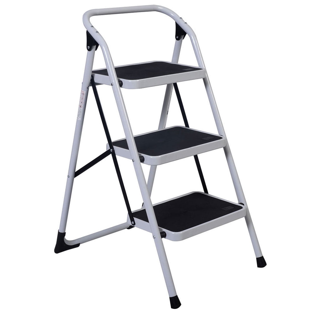 Portable Ladder, 3-Step Short Handrail Iron Ladder for Home Black ...