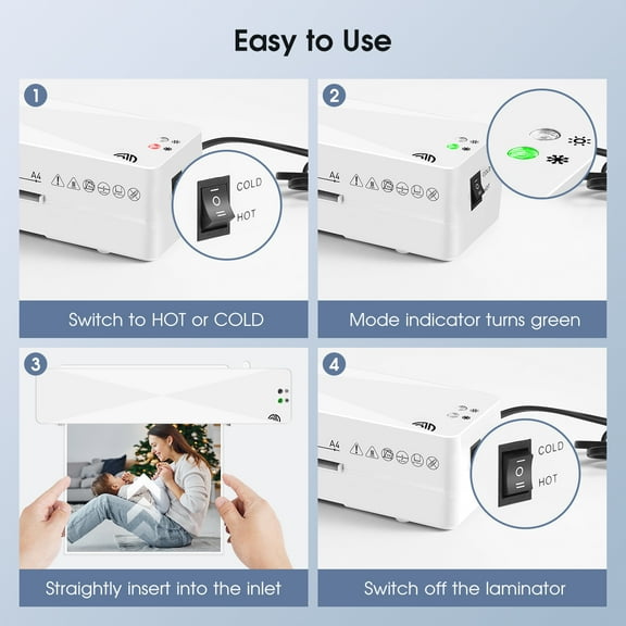 Portable Laminator A4 with Hot Cold Modes, 9 inch Thermal Laminating Machine with Laminating Sheets for Home Office School, 15 Thermal Laminating Pouches, White
