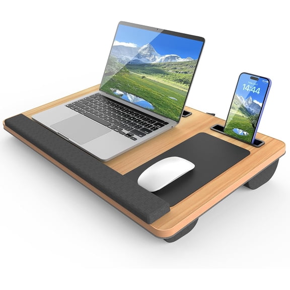 Portable Lap Desk for Laptop Up to 17 Inches with Wrist Rest Mouse Pad Tablet Phone Slot Cushioned Handle Light Brown Large 21.6513.4 Inches