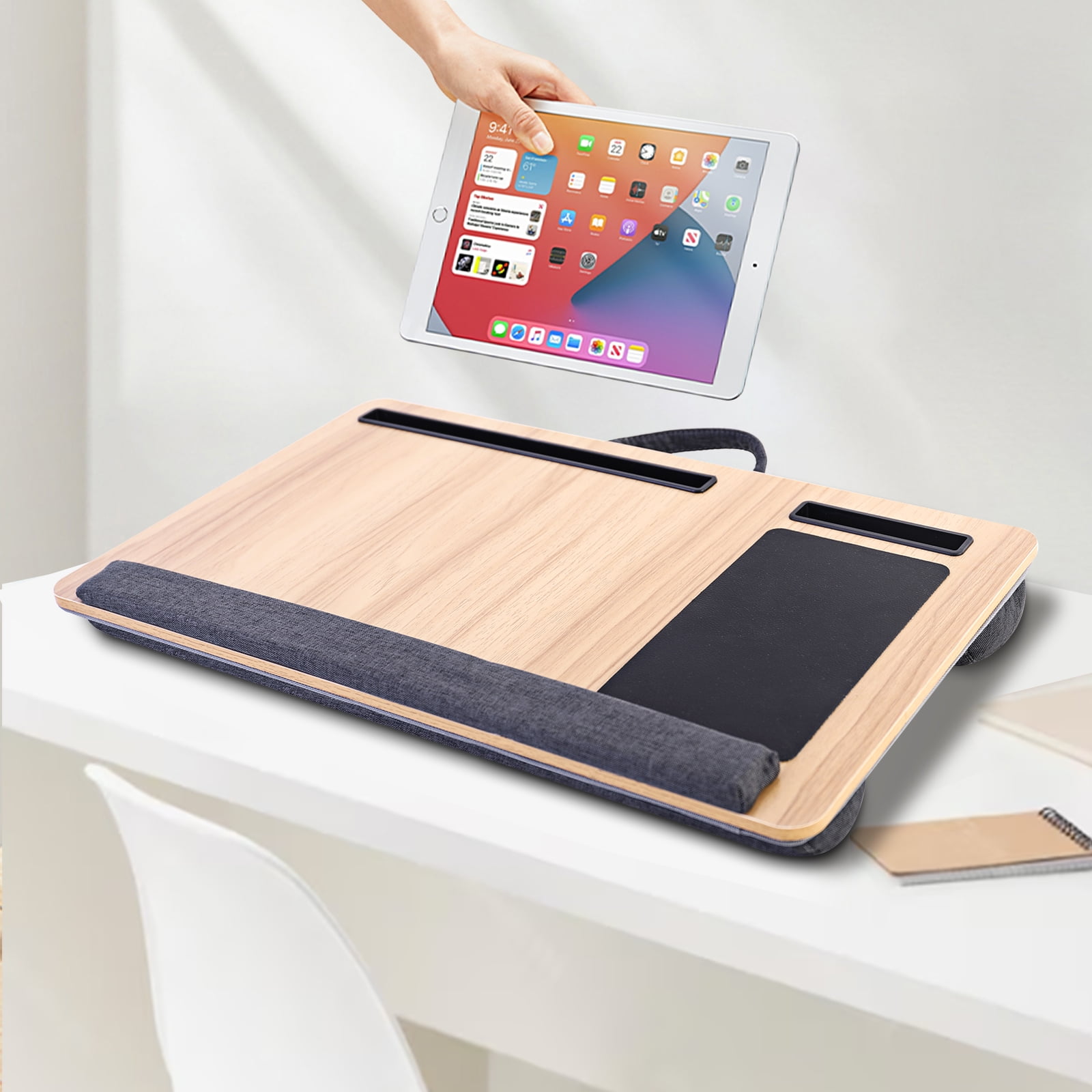 Portable Lap Laptop Desk Fits up to 15.6" Laptops with Cushion, Mouse Pad & Phone Slot for Home Office, 21.65" x 14.57" Wood Color