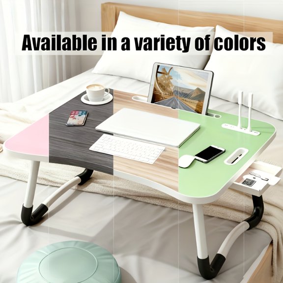 Portable Laptop Bed Table, Foldable Desk w/Cup Holder, Drawer, USB Fan & Light for Eating, Reading, Writing, School