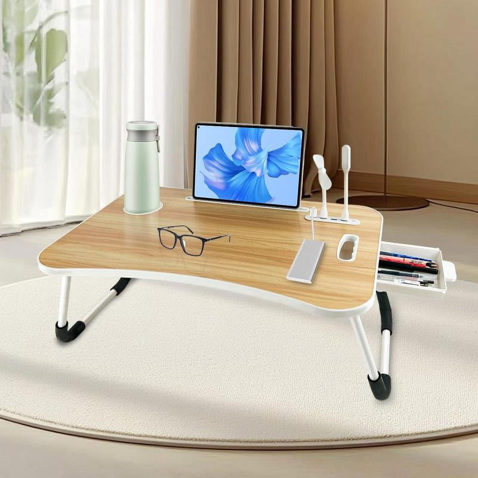 Portable Laptop Bed Table - Foldable Wooden Tray w/Drawer, Cup Holder ...