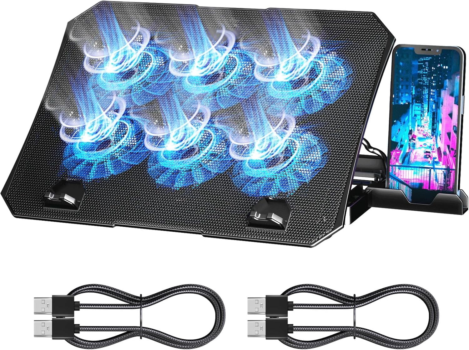Portable Laptop Cooling Pad with 6 Fans and 2 Pack 2ft USB A Cables Set