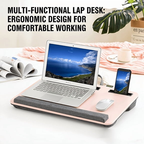 Portable Laptop Desk for Bed & Sofa, Extra Large PU Mouse Pad Gaming Tray with Phone Holder & Wrist Rest, Compatible with Laptop, MacBook, Tablet, Black & Pink