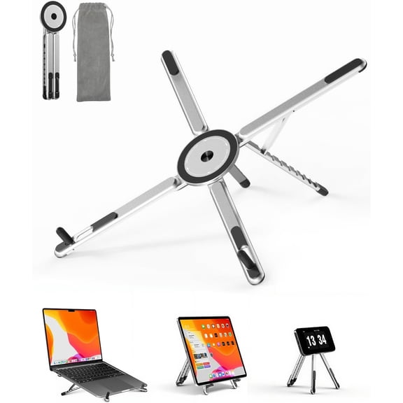 Portable Laptop Stand for Desk, Foldable Adjustable Computer Riser with Magnetic Phone Holder, Aluminum Laptop Stand for 1016 Laptops & 413 Phones/Tablets (Silver)