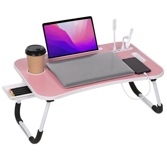 Portable Laptop Table with USB, Drawer, Pad & Cup Holder - Fits 17" Laptops, Includes Mini USB Lamp & Fan