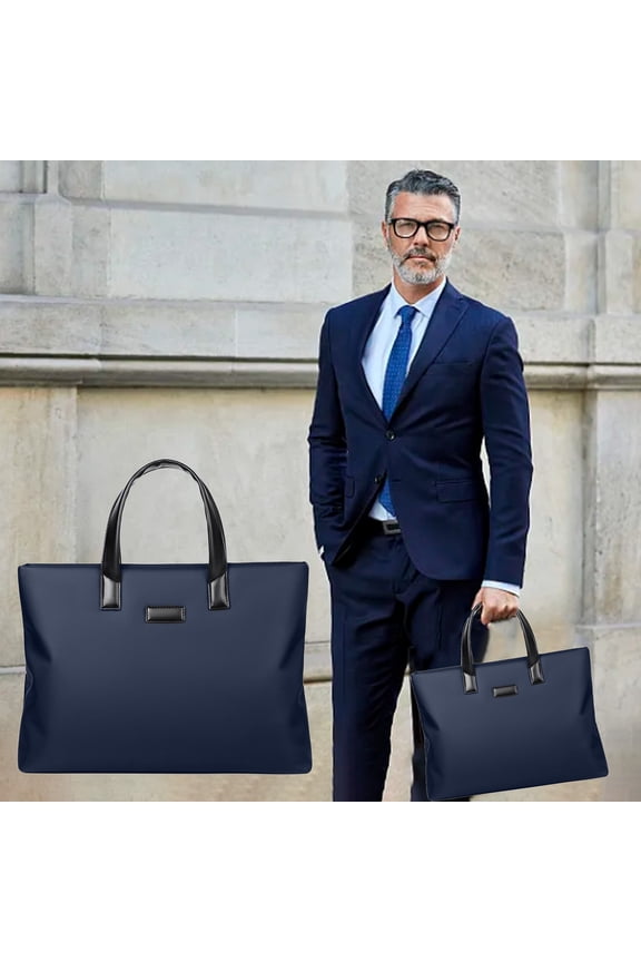 Portable Large-Capacity Cloth Briefcase Document Bag for Business Meetings and Travel, Multi-Compartment, 14.6x11in, Black/Blue, Father's Day Gift