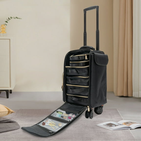 Portable Large Capacity Luggage Case Black Makeup Rolling Train Case Cosmetic Storage Organizer for Travel