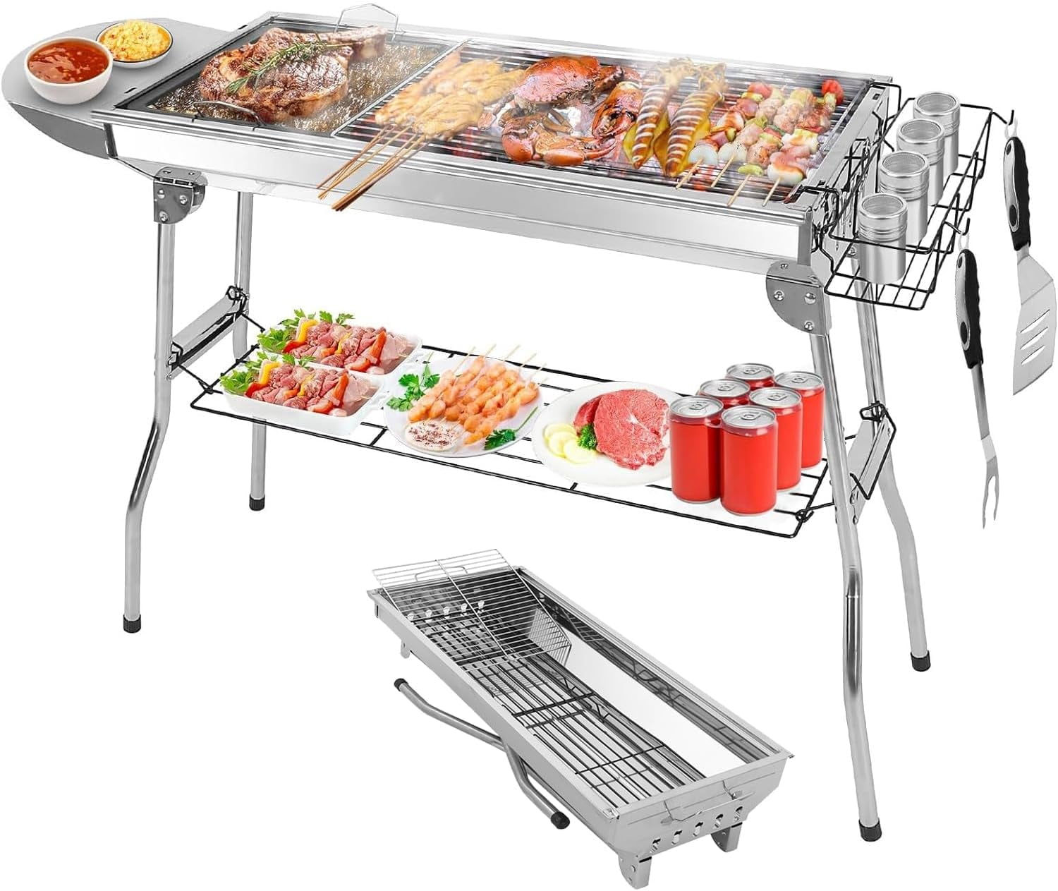 Storage Rack Back Grill Portable Large Charcoal Grill W/Board Shelf & Flavoring Storage Basket ...
