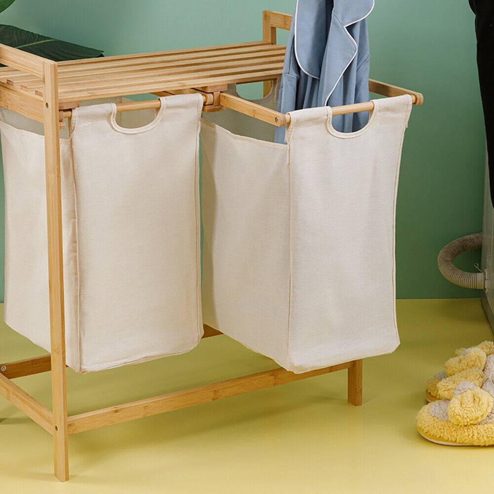 Portable Large Freestanding Bamboo Double Laundry Basket Hamper