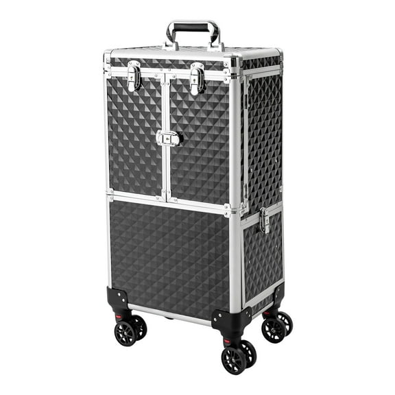 Portable Large Rolling Makeup Case Aluminum Makeup Train Case Salon Cosmetic Trolley Organizer Box Black