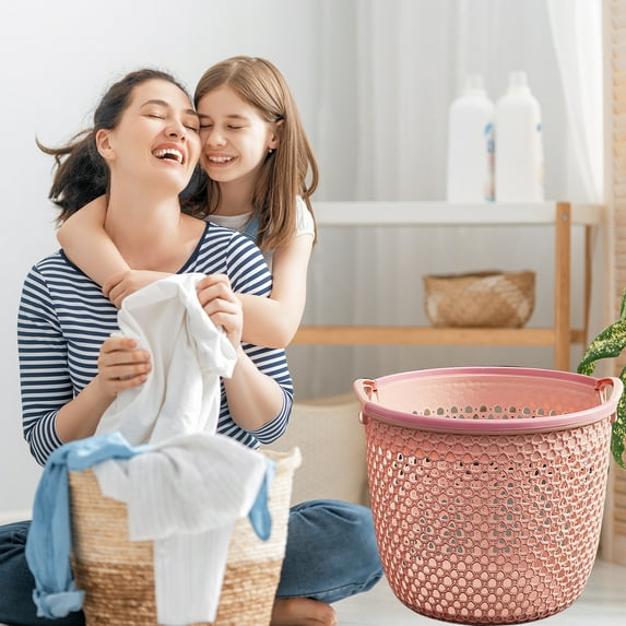 Portable Laundry Basket with Handles | Hollow Plastic Dirty Clothes Hamper | Large Capacity Storage for Bathroom & Bedroom | Pink Blue Beige Coffee Colors | 10x8x8 Inches
