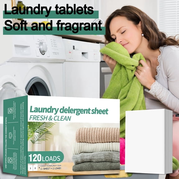 Portable Laundry Detergent Sheets, Concentrated Stain Removal With Instant Dissolving 120 Loads (1 Sheet=2 Loads) Fresh & Clean Scent, Household Laundry Paper For Daily Home And