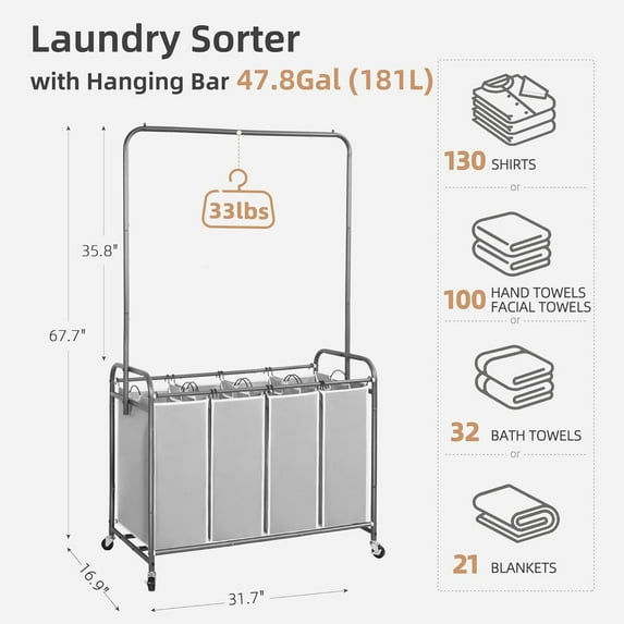 Portable Laundry Sorter with Hanging Bar, 4 Section Rolling Cart, 181L Capacity, Removable Bags, Lockable Wheels