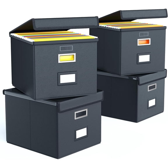 Portable Leather File Organizer Box with Lid, Modern Minimalist Rectangular Storage for Hanging Files, Black (4-Pack, No Folders)