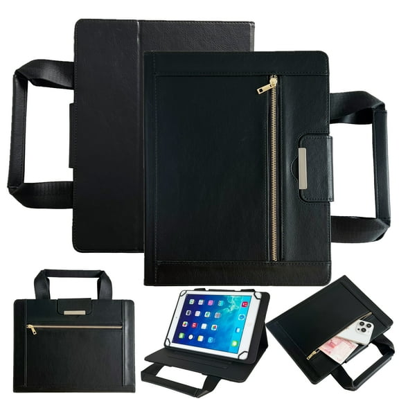 Portable Leather Tablet Case for 8 Inch Tablets with Handle, Business Handbag Stand Cover with Zipper Pocket & Card Slots, Microfiber Interior for iPad Mini/Samsung/LG/Lenovo 8” Tablet, Black