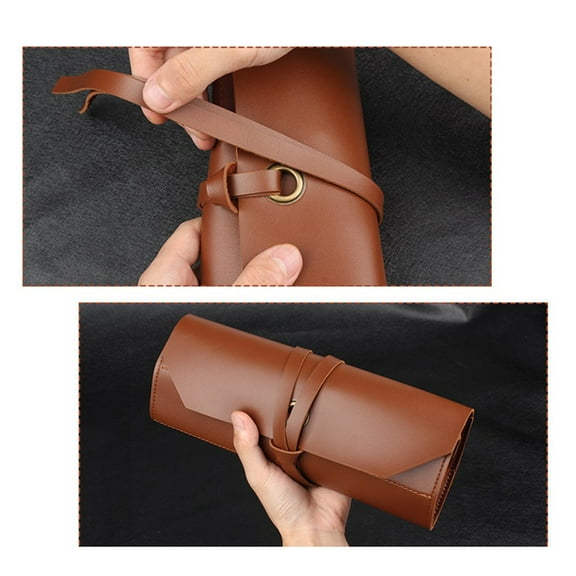 Portable Leather Tool Roll Bag Multifunction Hardware Cutter Wrench Storage Brown